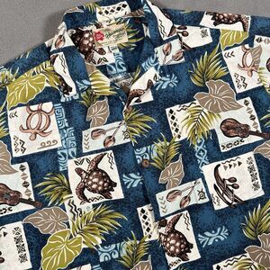 Hilo Hattie Hawaiian Camp Shirt Mens Large Floral‎ Sea Turtles Music Instruments